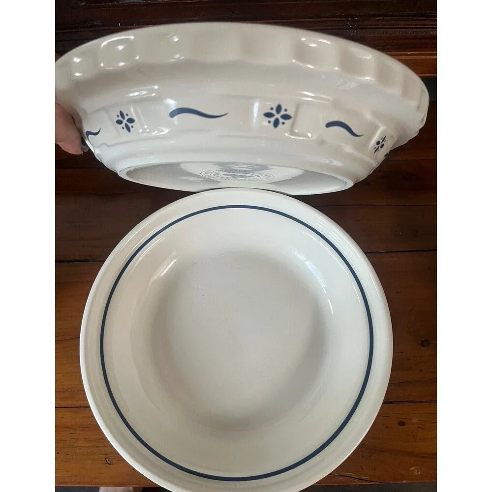 Set of 2 Longaberger Pottery Woven Traditions Classic Blue Pie Plate Dish
